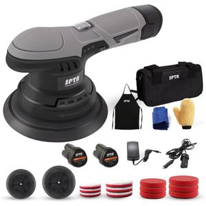 Cordless Car Buffer Polisher, SPTA Polisher with 2Pcs 12V Lithium Rechargeable Battery Brushless Polisher with Variable Speed, Portable Polisher with Polishing Pads Kit For Waxing