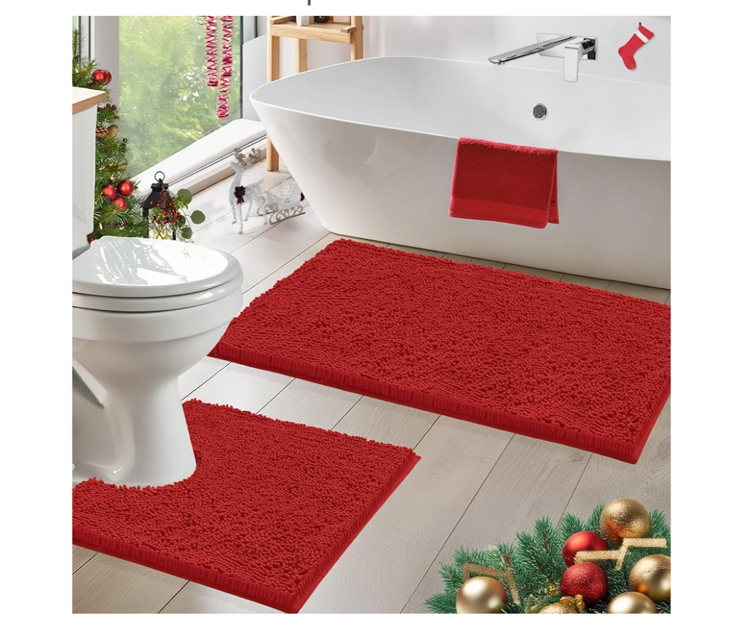 Red Bathroom Rug Set 3‑Piece, 20-30,15-23 & 20-20 U inch Festive Holiday Bathroom Decor, Non‑Slip Washable Absorbent Mats for Spacious Bathrooms
