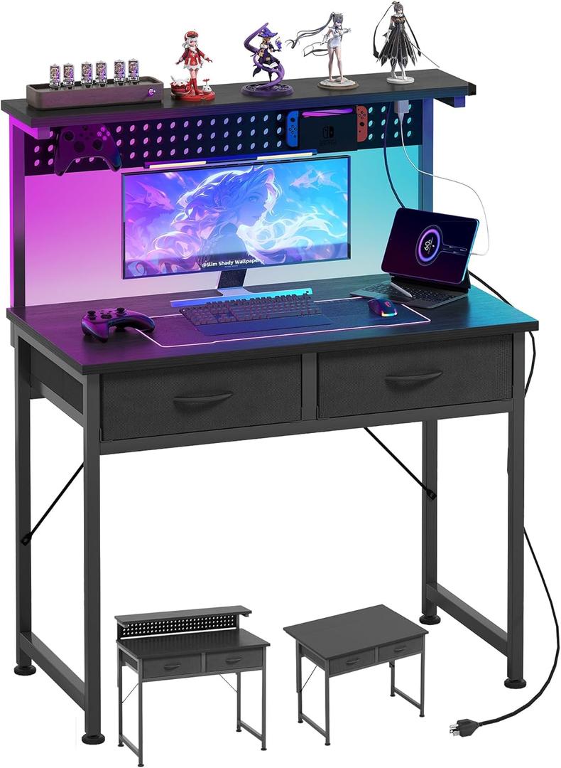 MUTUN Small Desk with Drawers, 31 Inch Computer Desk with Power Outlet & LED Light, Gaming Desk with Adjustable Monitor Stand & Pegboard, Modern PC Study Writing Table for Bedroom, Black