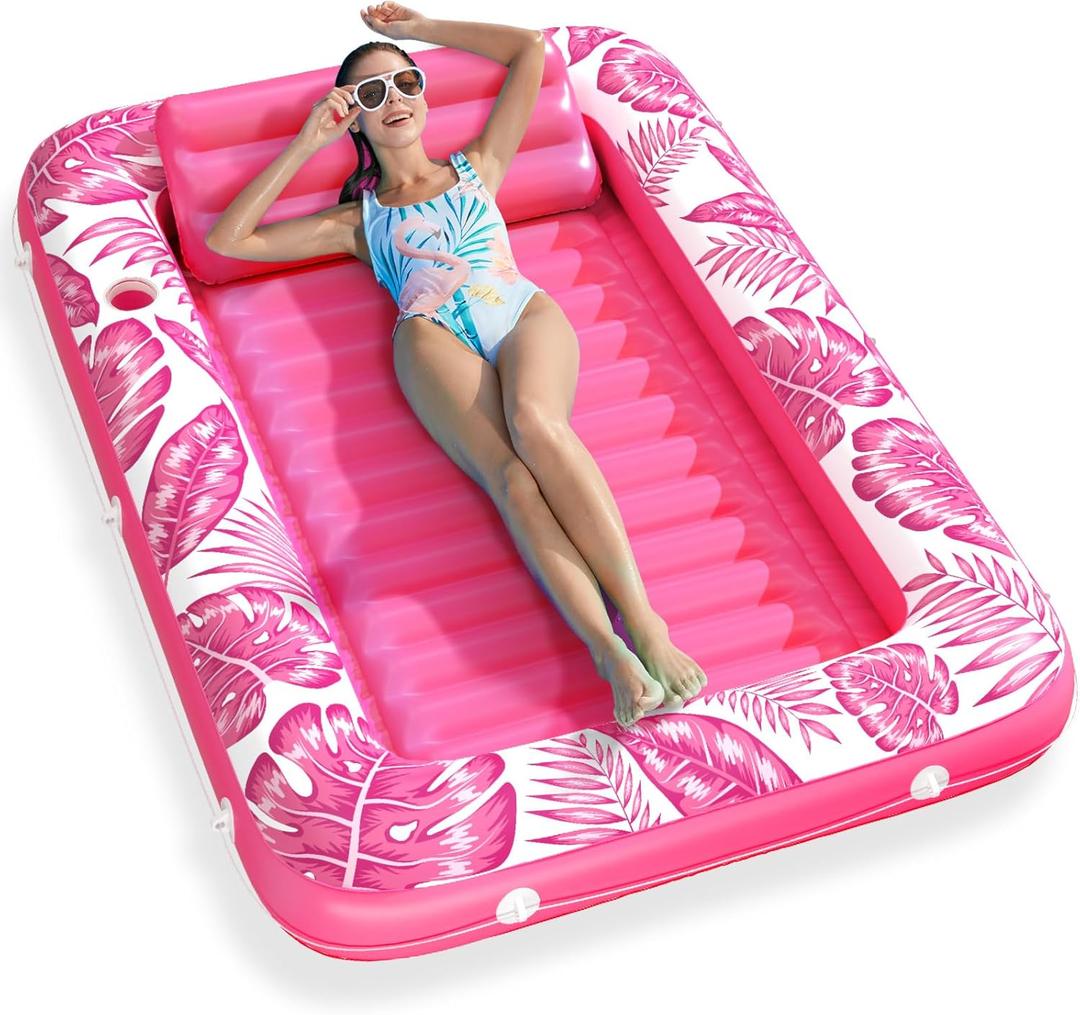 Inflatable Tanning Pool Lounger Float - Jasonwell 4 in 1 Sun Tan Tub Sunbathing Pool Lounge Raft Floatie Toys Water Filled Tanning Bed Mat Pad for Adult Blow Up Kiddie Pool Kids Ball Pit Pool (Large, Rose Pink)