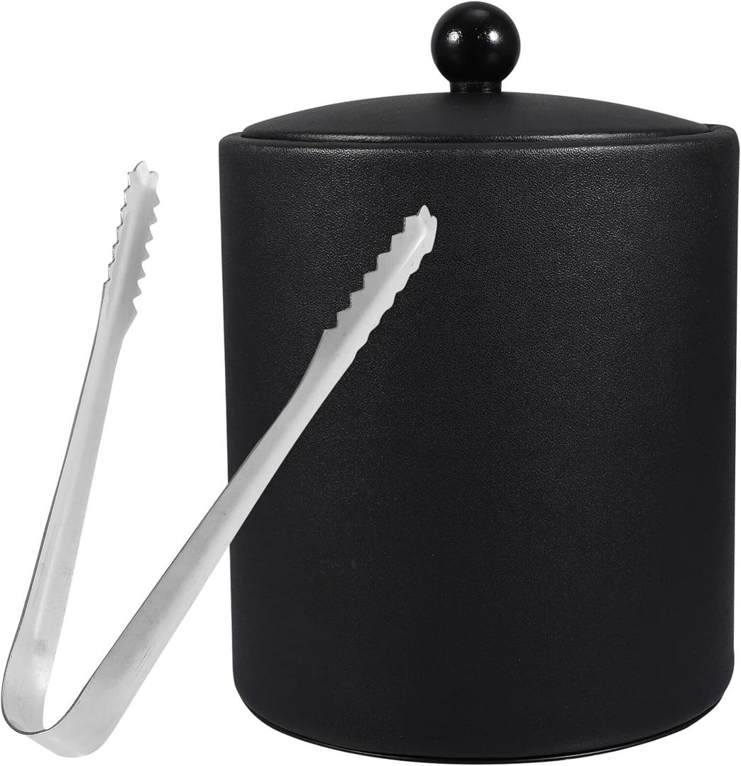 Ice Bucket with Lid, Tongs and Strainer, Stainless Steel Insulated Ice Bucket for Cocktail Bar, Ideal for Cocktail Bar, Parties, Chilling Wine, 5.5 x 5.5 x 7.3 inches (Black)