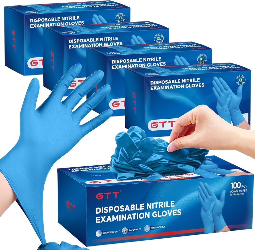 GTT Blue Nitrile Exam Gloves 6 Mil, Powder-Free Disposable Gloves First Aid,Cleaning Food Prep, Tattoo,Cooking 400 Count (Medium)