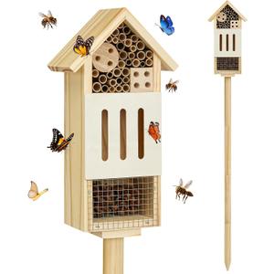 Bee House Bug Hotel & Butterfly House with Stake, Handcrafted Wooden Ladybug Hotel, Natural Insect Habitat for Garden, Patio, or Yard, Attracts Pollinators, 10.4 x 5.5 x 3.2 Inches,25 inches Stake