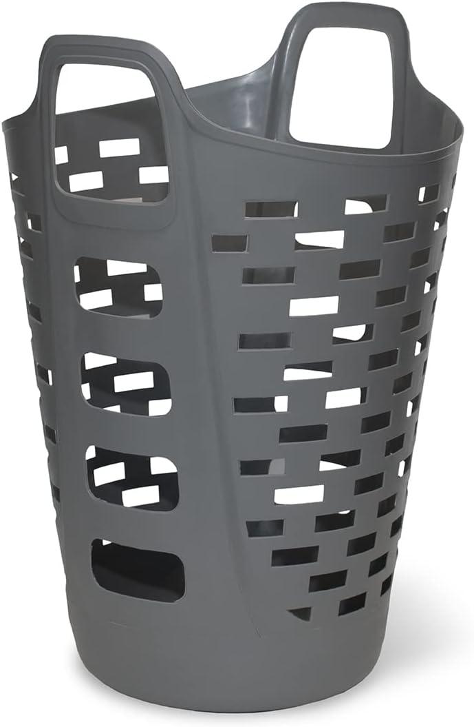Clorox Flexible Laundry Basket - Tall Plastic Hamper for Clothes, Bedroom, and Storage - Portable Round Bin with Carry Handles, 2 Bushel, Grey