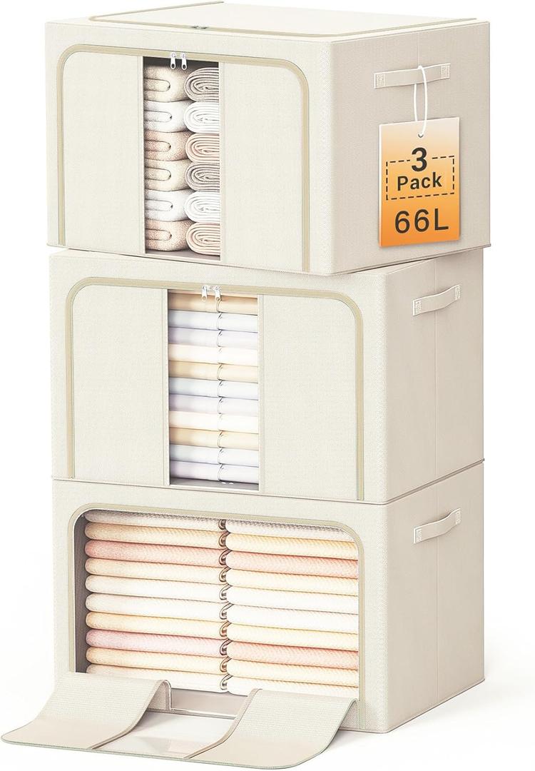 Clothes Storage Bins with Metal Frame, Foldable Clothes Organizers Storage Containers for Clothes, Sheets, Blankets, Pillows and Towels (66L, 3 Pack) Beige