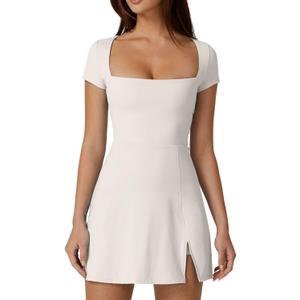 QINSEN Womens Square Neck Tennis Dress Short Sleeve Built in Shorts Golf Athletic Dress with Pockets (Beige, M)