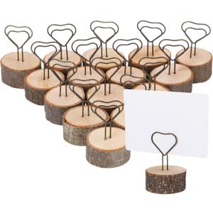 15 Pcs Wood Table Number Holders Stands Christmas Wooden Base Place Card Picture Holders for Centerpieces Rustic Iron Wire Picture Picks Clip Stand (Heart)