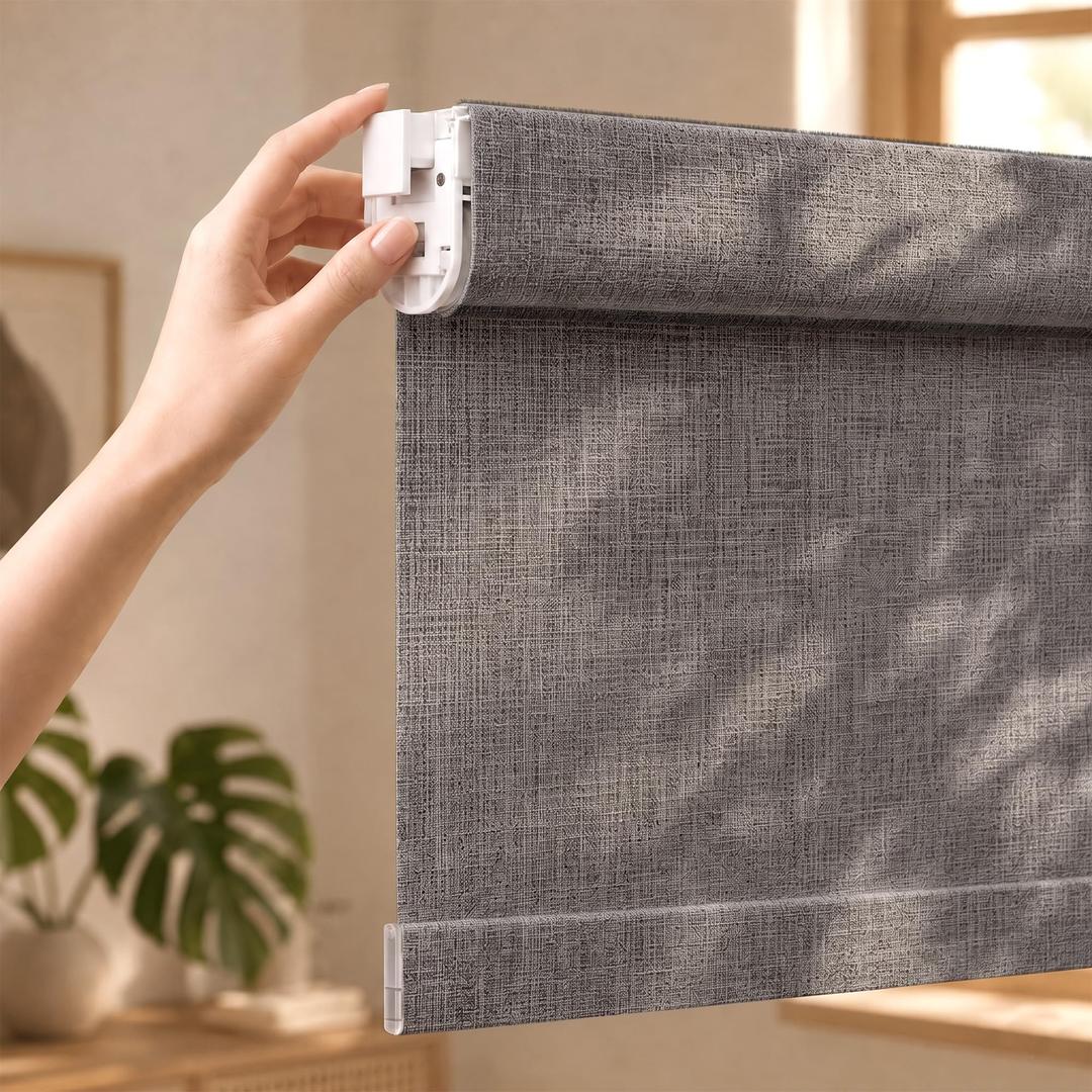 Grandekor No Drill No Tools Blackout Roller Shades - 32.5"x72" Hemp-Dark Gray | Free-Stop Cordless Blinds with UV Protection | Custom Fit for Home, Bedroom, Office, Living Room