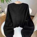 RoseSeek Women's Plus Size Cropped Cardigan Ribbed Knit Button Down V Neck Sweaters Long Sleeve Cardigans Outerwear (Black, XL)