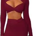 XinFSh Women's Sexy Two Piece Skirt Set Long Sleeve Crop Top Cut Out Twist Front Bodycon Mini Dress Party Club Outfits (Large, Red)