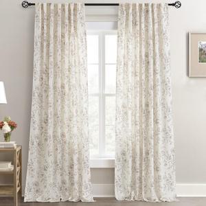 Coffee Floral Curtains 90 inch Length Back Tab Farmhouser Living Room Light Filtering Curtains Coffee Pattern Print on Cream White Linen Curtain Minimalist Aesthetic Sketch Style Vintage Room Decor (52"W x 90"L (Pack of 2))