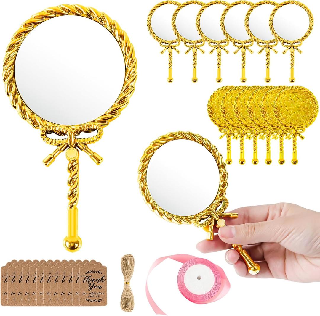 12 Pcs Vintage Handheld Mirrors with Handle, 6" L x 3.3" W Portable Hand Held Embossed Flower Compact Mirror with Ribbon and Thank You Tags for Women Face Makeup Travel (Gold)