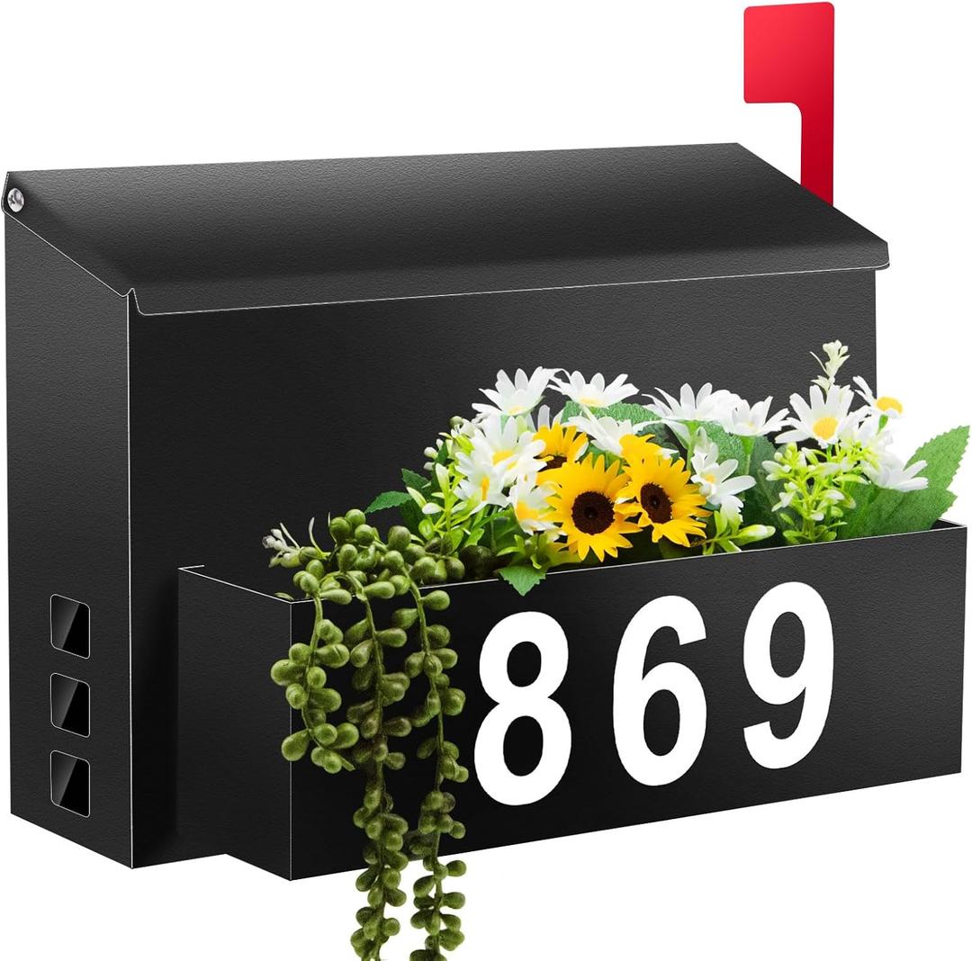 Wall-Mount Mailbox with Flag, Large Capacity Mailboxes for Outside House with Planter & 3 Sets of 0-9 Mailbox Number Stickers, Galvanized Steel Rust-Proof Post Box Metal Mail Box, 13.8"W*9.8"H*3.9"D (Black)