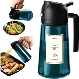 TrendPlain 16oz/470ml Blue Glass Olive Oil Sprayer for Cooking - 2 in 1 Olive Oil Dispenser for Kitchen Gadgets, Air Fryer, Salad, and BBQ - Black