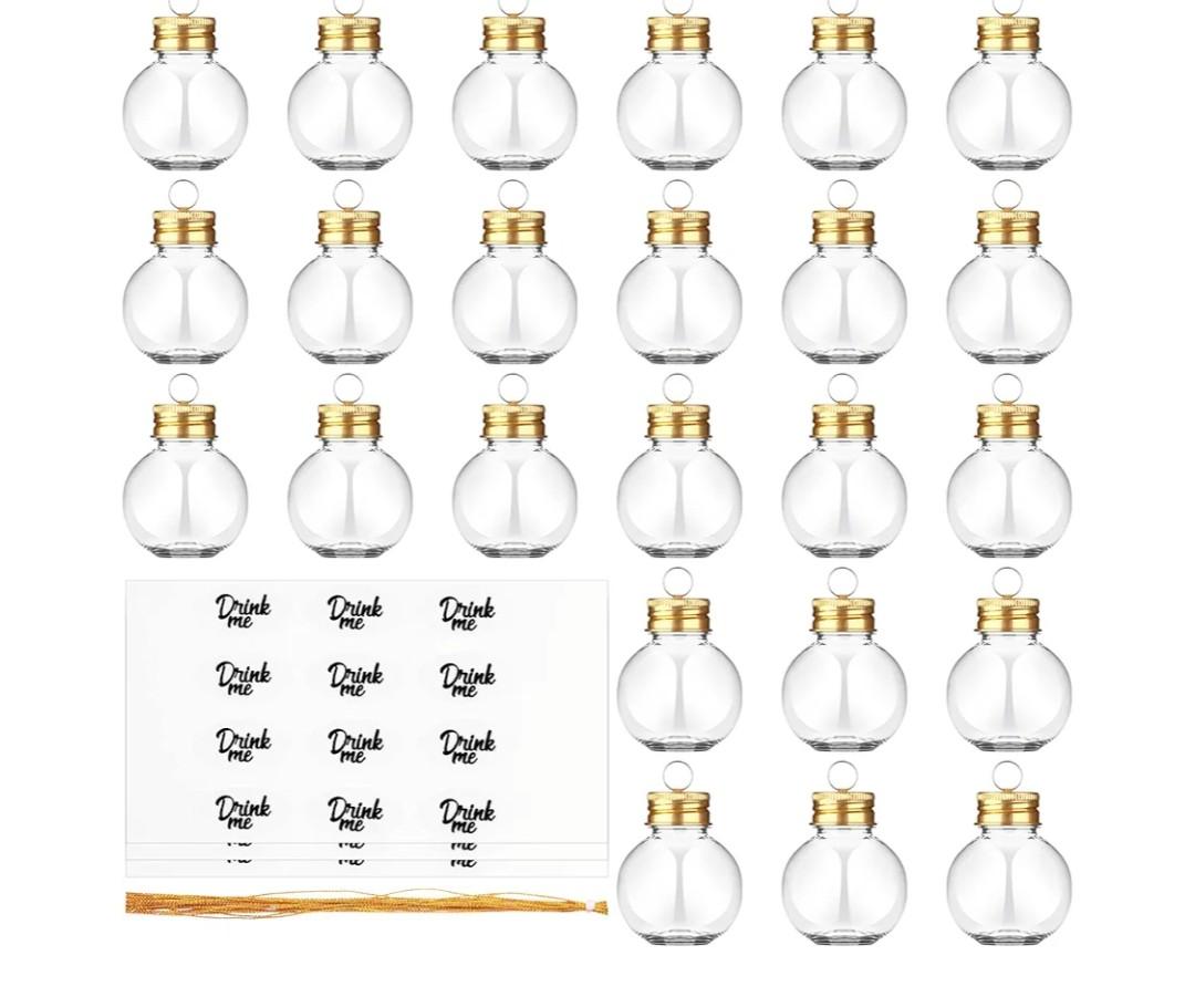 24 Pieces Christmas Booze Balls Christmas Fillable Booze Tree Ornaments Clear Plastic Round Pendant Ball with Stickers for Holiday Wedding Party Decor, Gold