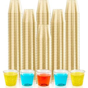 JOLLY CHEF 500 Pack 1 oz Shot Glasses, Gold Glitter Elegant Party Cups Tumblers, Disposable Cups with Glitter for Wedding, Thanksgiving Day, Christmas Halloween Party