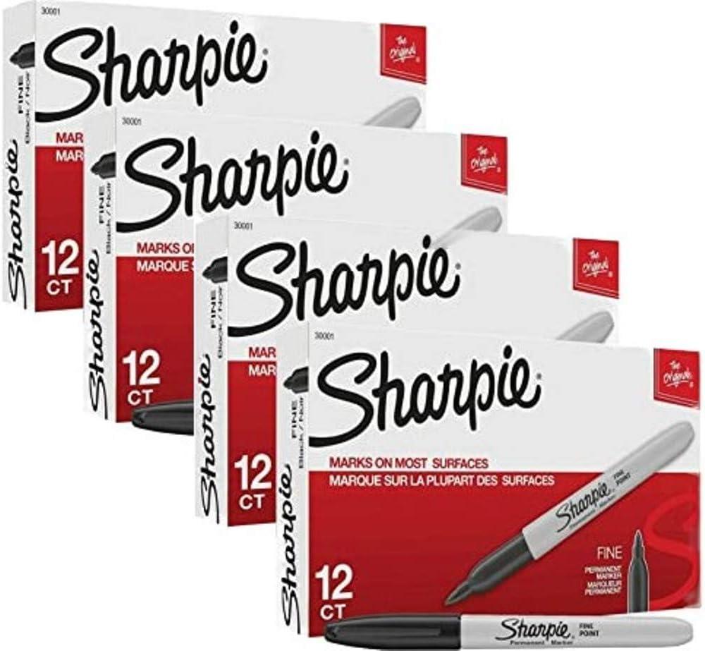 Sharpie 30001 Fine Point Permanent Markers, Black; Fading and Water Resistant Ink, 4 Boxes of 12 Makers Each, 48 Markers Total
