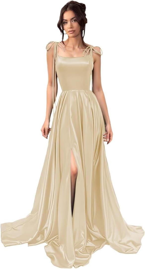 YMSHA Bow Bridesmaid Dress for Women High Slit Prom Dresses for Teens Aline Simple Satin Formal Gowns with Pockets 2025 Champagne 2