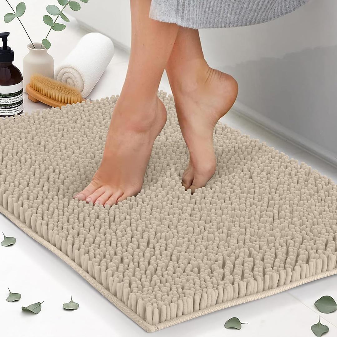 ITSOFT Plush Bathroom Rug 22x14, Absorbent Machine Washable Non Slip Chenille Bath Mats, Quick Dry Bathmat, Bath Rugs for Bath, Shower, Bedroom, or Door Mat, Beige