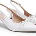 DREAM PAIRS Women Slingback Kitten Heels, Pointed Toe 2.17 Inch Low Bow Dress Shoes All Day Wear Comfortable Formal Wedding Pumps (Size 8, White)