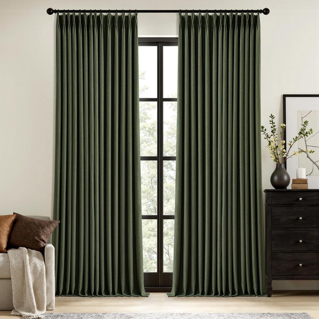 MIULEE Olive Green Pinch Pleated 100% Blackout Linen Curtains for Bedroom, Room Darkening Memory Trained Dark Green Window Curtains 84 inches Long for Living Room, Black Out Pleat Drapes, 2 Panels (Loden)