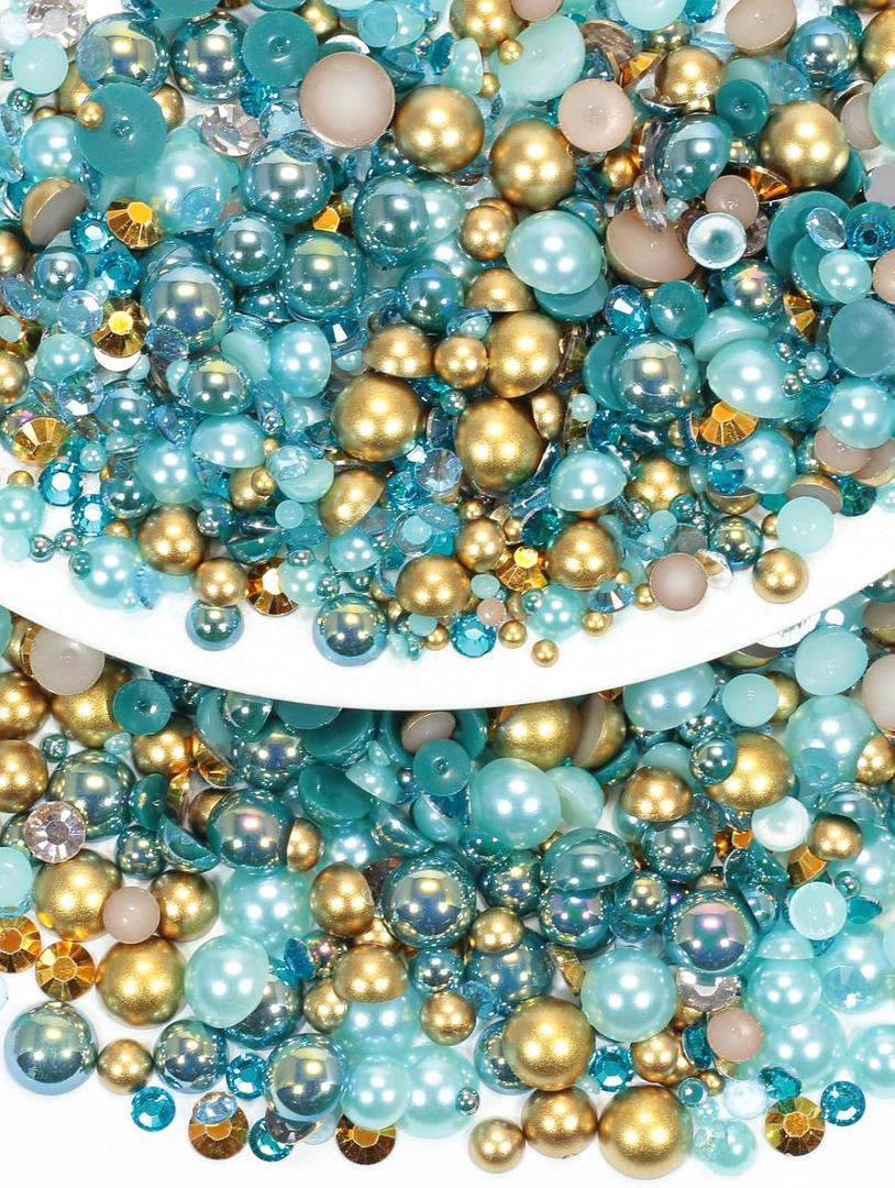 Rhinova 100g Mix Pearls and Rhinestones for Crafting, Sizes Range 3mm-10mm Pearl Beads for Bedazzler Rhinestones for Bedazzling Pearls for Crafting Sock Charms Nail Shoe Mugs (Regal Turquoise Mix)