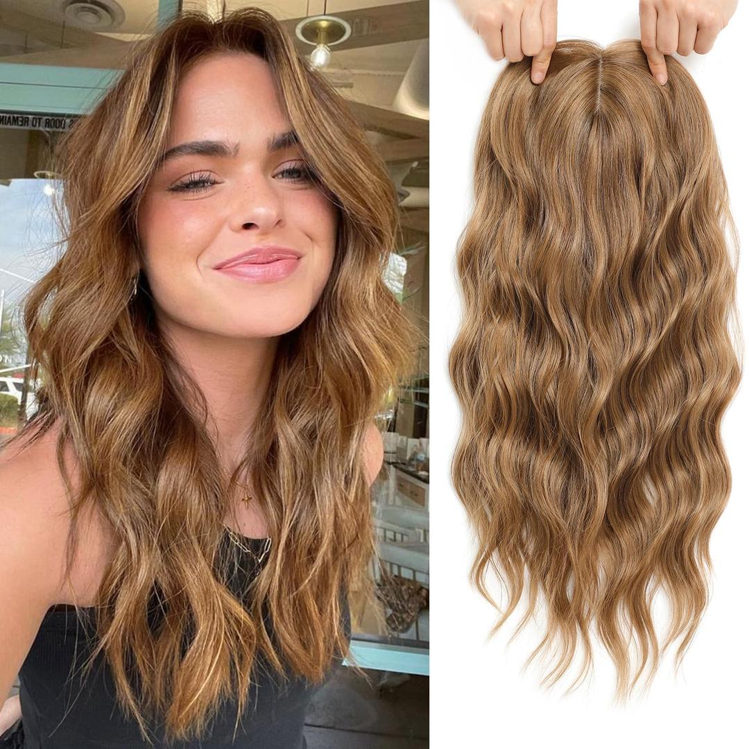 20 Inch Wavy Hair Topper, Volumizing Hairpiece for Women with Thinning Hair, Full Coverage Clip-In Topper with Bangs, Soft Fluffy Waves, Lightweight & Comfortable All Day Wear