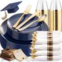 KIRE 175Pcs Blue Plastic Plates - Navy Blue Plates Disposable - 25 for Dinner 25 for Dessert 25 Pre Rolled Napkins with Gold Plastic Silverware and 25 Cups for Birthday/Wedding/Memorial Day/Graduation