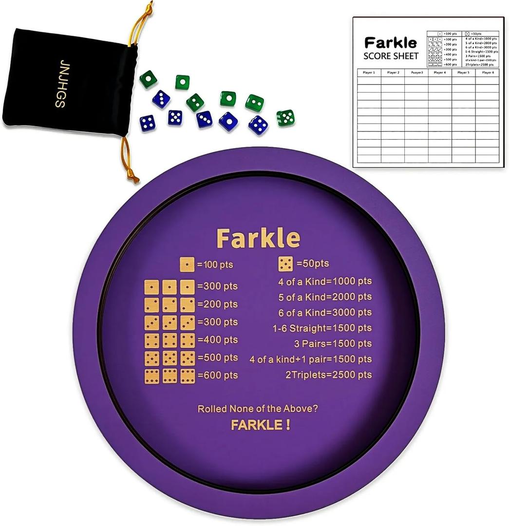 Farkle Dice Tray, Farkle Dice Game with 12" Wooden Dice Tray, 2 Sets of Dice and 50 Sheet Scorepad for The Classic Family Game (Purple)