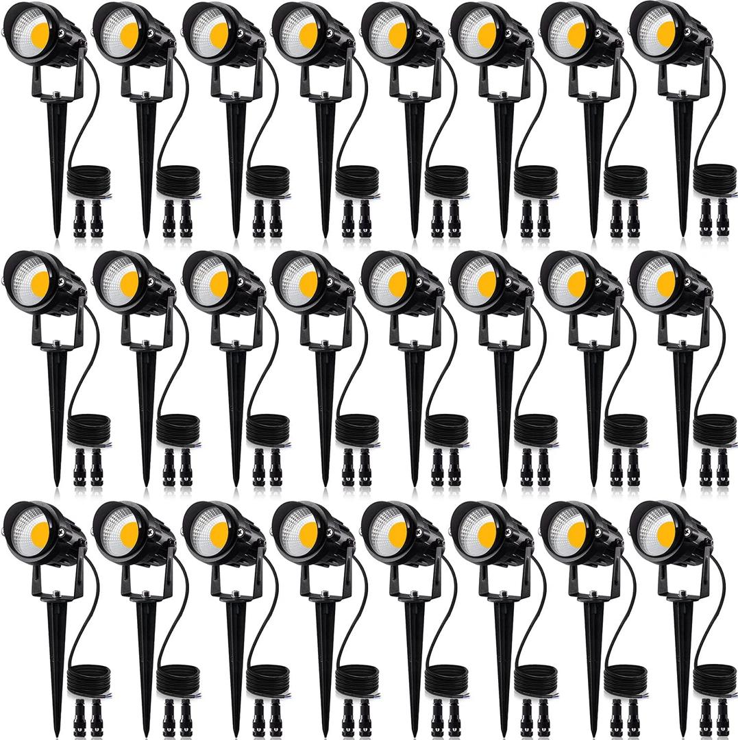 SUNVIE 24 Pack Low Voltage Landscape Lights LED 12W Landscape Lighting with connectors AC/DC 12V-24V Outdoor Spotlight IP65 Waterproof Tree Flag Lights Warm White Spotlights for Yard Garden Pathway
