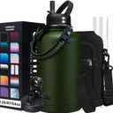 64oz Insulated Water Bottle with Straw & Auto Spout Lid - (Cold 48H & Hot 24H) Half Gallon Stainless Steel Water Jug with Paracord Handle, Metal Tactical Military Water Flask with Carrier Strap Bag (Army Green)