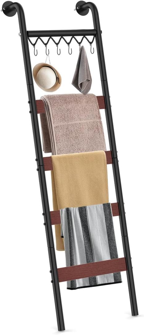 Wooden Blanket Ladder, Wall-Leaning Blanket Rack, 5 Tier Ladder Shelf, 5.6 ft Blanket Holder, Decorative Display Ladder Shelf for Storage and Home Decor, Rustic Brown and Black
