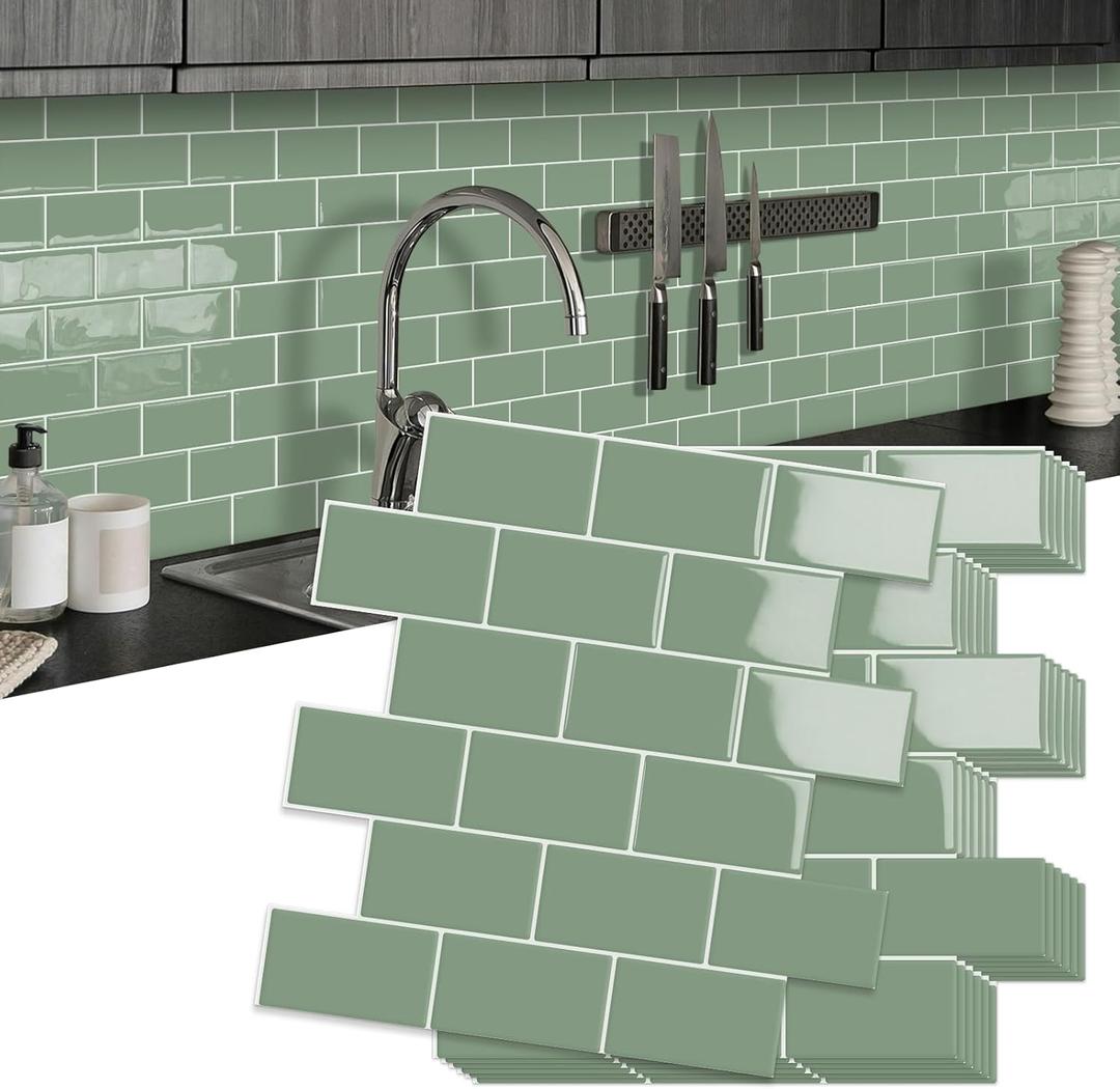 10-Sheet Thick Peel and Stick Kitchen Backsplash Tiles, 3D Subway Waterproof Self-Adhesive Wall Tile Stick on Backsplash for Kitchen and Bathroom (Green,12"12")