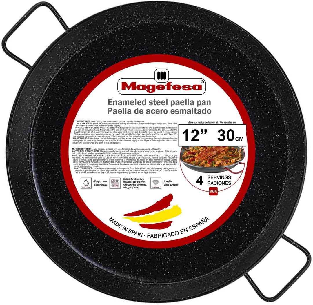 MAGEFESA 12" Enameled Steel Paella Pan - 30cm - 4 Servings, Ideal for Outdoor Cooking and Making Your Own Traditional Valencian Paella, Easy Cleaning (Black)