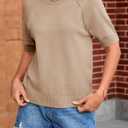 Cicy Bell Womens Short Sleeve Sweaters Crewneck Knit Tops Pullovers Shirts (Brown, L)