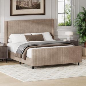 Merax Corduroy Bed Frame Queen Size with 50.7'' Tall Headboard and Vertical Stripe Wingback & High Footboard, Upholstered Platform Bed for Bedroom, No Box Spring Needed, Easy Assembly, Taupe