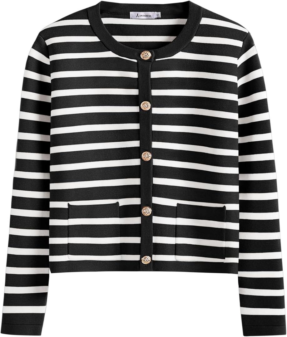 ANRABESS Women Striped Cardigan Sweaters Button Down Cropped Knit Lady Jackets Coat 2025 Fall Outfits Trendy Clothes (Large, Black White Stripe)