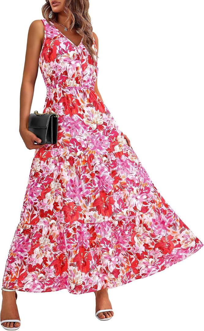 BTFBM Women Summer Dresses Casual Sleeveless Maxi Dresses Cute Floral Long Dress Wedding Guest Dress (Pink, M)