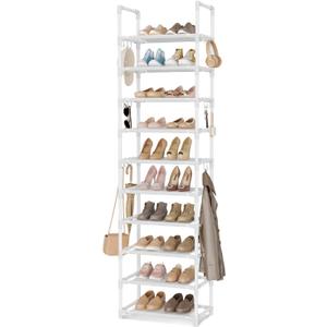 VTRIN 10 Tiers Tall Shoe Rack Holds 20-25 Pairs of Shoes Sturdy Vertical Shoe Organizer with 18pcs Hooks Stackable Narrow Shoe Rack for Closet, Entryway White