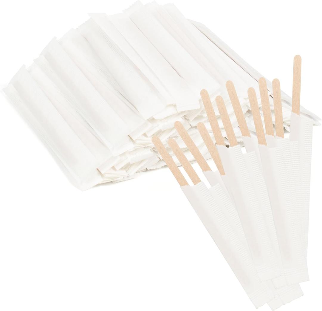 ANTETOK 100Pcs Wooden Coffee Stirrers Paper Wrapped 4.3Inch,Individually Wrapped Disposable Coffee Stir Sticks for Coffee,Tea,Cocktail and Hot Chocolate