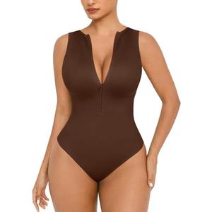 FeelinGirl Bodysuits for Women Seamless Body Suit Invisible Zip Up Crew Neck Slimming Ribbed Basic Tank Tops.XL