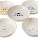 Ceramic Cat Bowls Set - 5.7 inch Wide Cat Food Bowls Whisker Fatigue Friendly, 5 Colorful Kitten Dish Plates with Cute Pattern for Wet and Dry Food Water