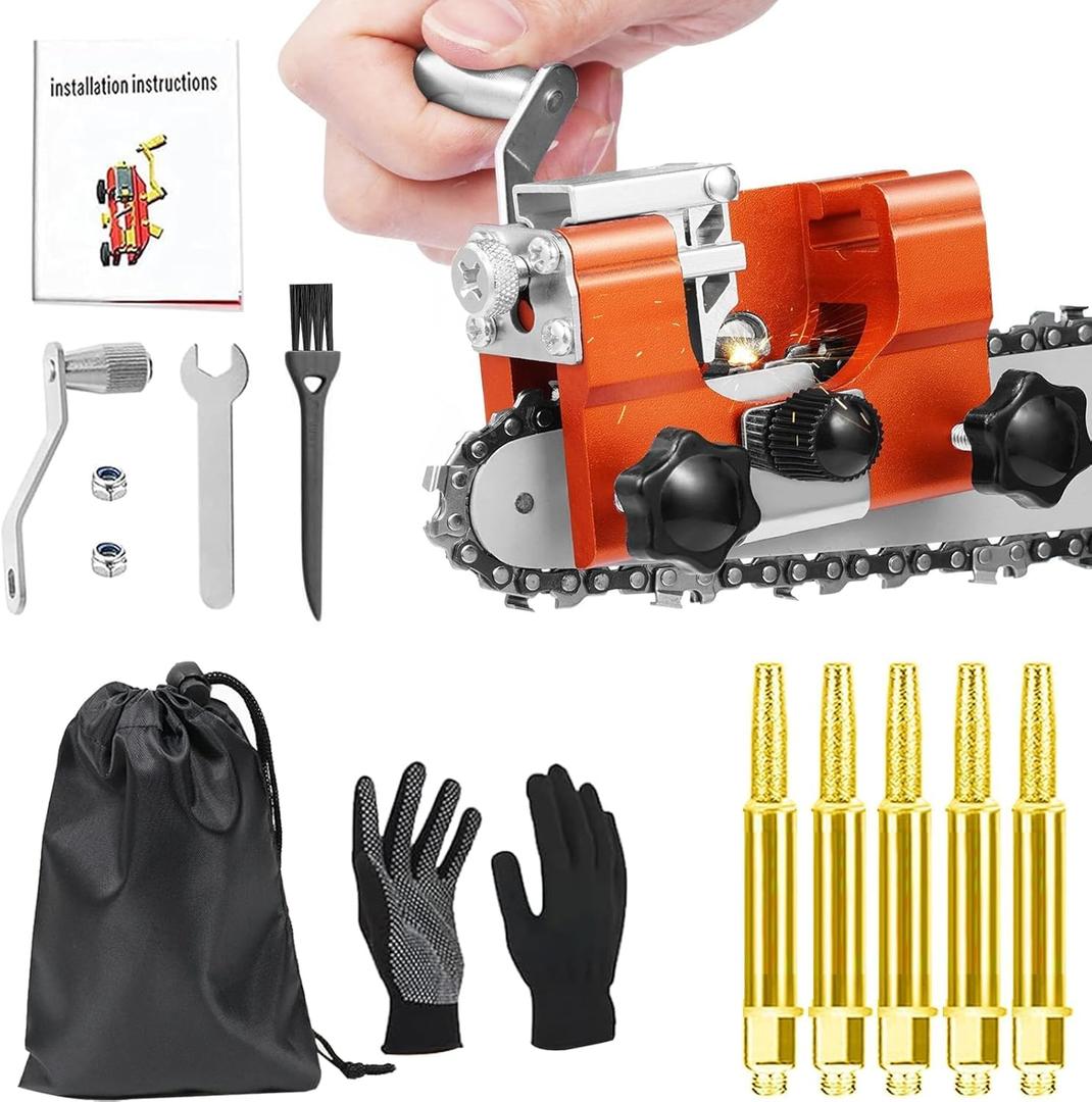 Chainsaw Sharpener Jig Kit, Portable Universal Chain Saw Sharpener Tool with 5 PCS High Hardness Burrs, Manual Hand Crank Chainsaw Sharpener, Chainsaw Blade Sharpening Attachment for 6"-22" Chain Saws