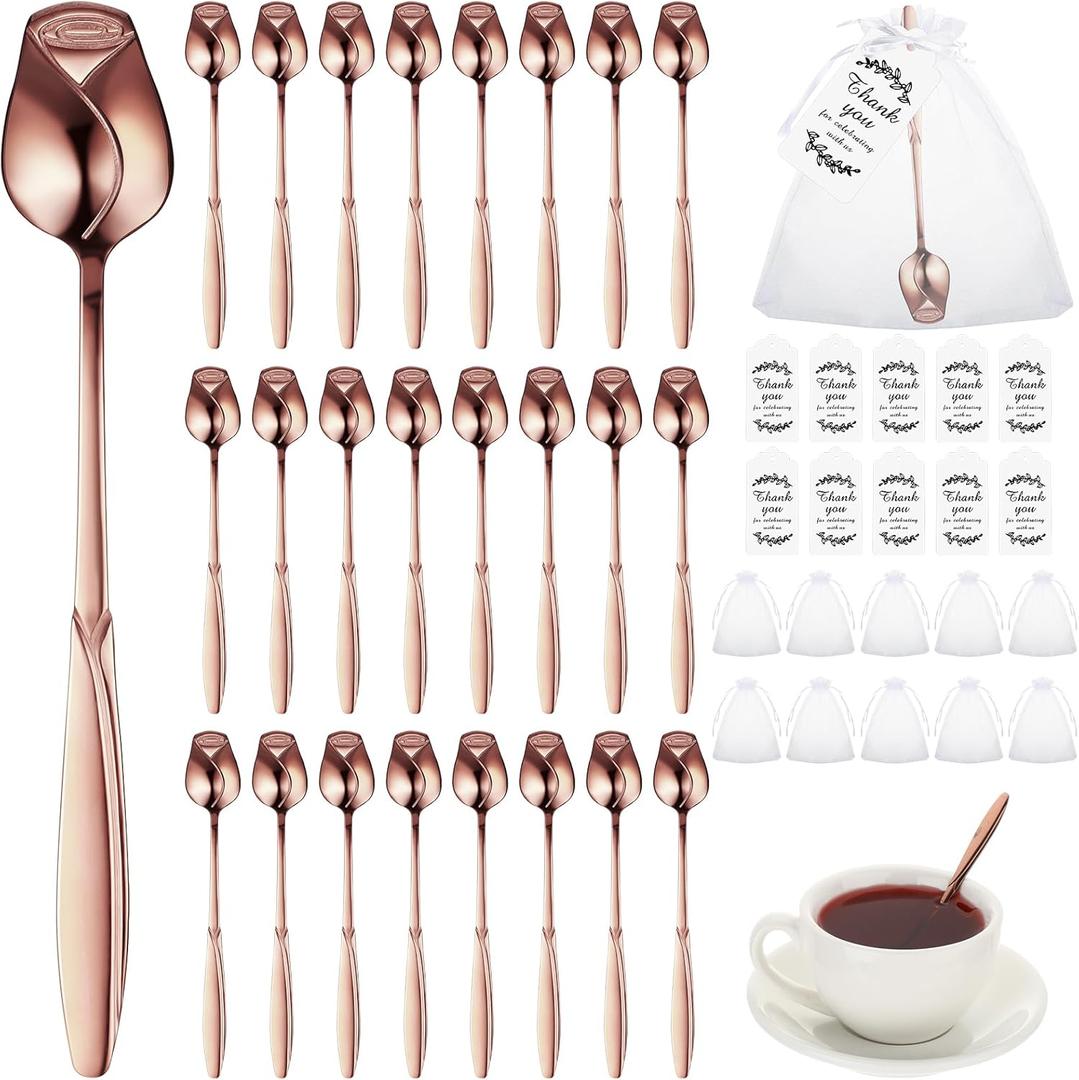 Roshtia 50 Sets Rose Flower Shaped Tea Spoons Wedding Favor for Guests 5.2" Flower Dessert Mini Teaspoon with 50 Gift Tag and 50 Organza Bag for Tea Party Bridal Shower Guest Souvenir (Rose Gold)