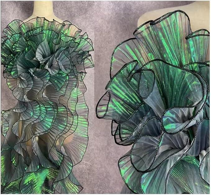 7Yards Ruffled Lace Fabric for Fashion Designers, Ideal for DIY Clothing and Sewing Decoration, Includes Silk, Organza Ribbon, Iridescent Ribbon, and Fabric Trim (Iridescent Green)
