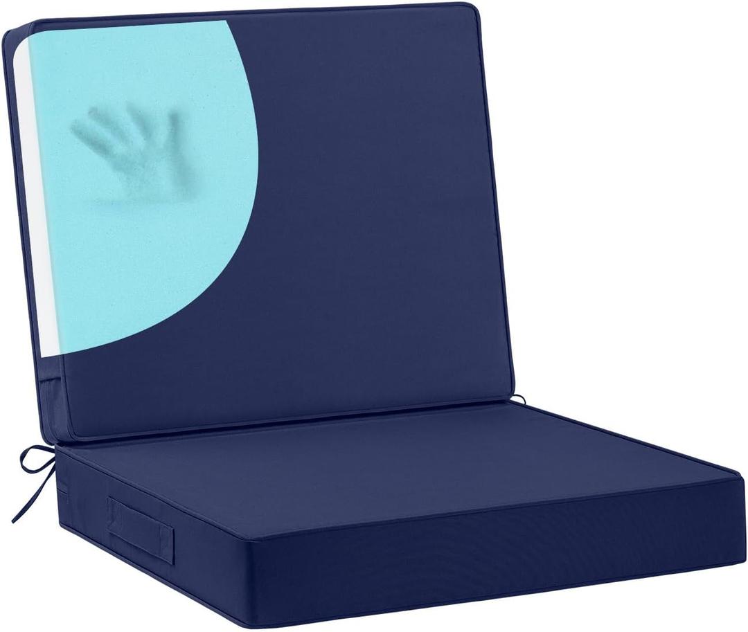 Waterproof Outdoor Chair Cushions 24x24, Memory Foam Outdoor Cushions for Patio Furniture with Removable Cover, Deep Seat Cushions for Outdoor Furniture with Ties and Handle, Navy
