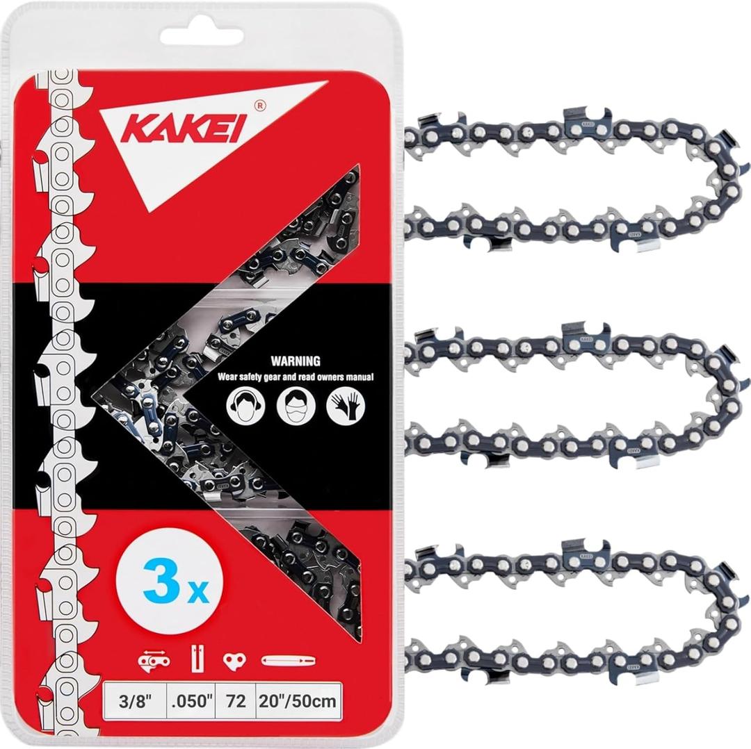 KAKEI Skiptooth 20 Inch Chainsaw Chain 3/8" Pitch .050" Gauge 72 Drive Links Fits Stihl MS311 MS391, Husqvarna 455 (Rancher), 460 (Rancher), Poulan Pro and More- 72EXJ072G (3 Chains) - Full Chisel