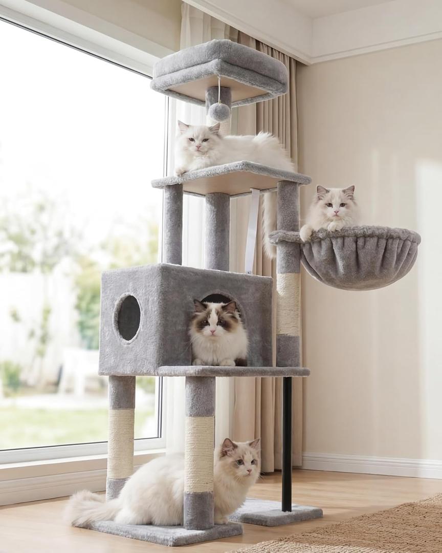 Heybly Cat Tree, 49.2 Inches Cat Tower for Indoor Cats, Spacious Cat House Condo with Hidden SpaceSturdy Steel TubeSoft Plush Top PerchCozy Hammock and Sisal Scratching Posts, Light Gray HCT200SW