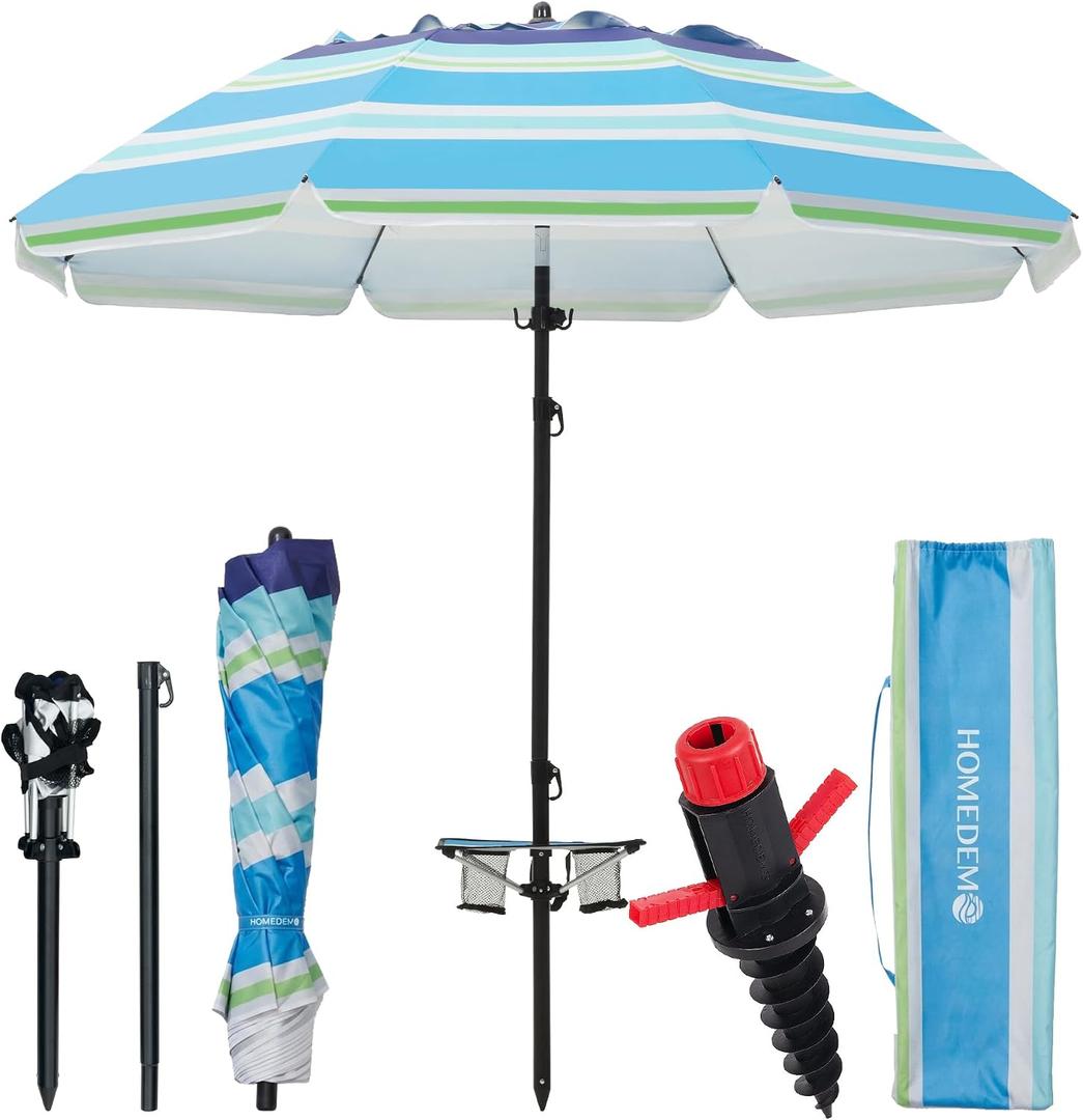HOMEDEMO 7FT Beach Umbrella with Table & Large Sand Anchor, Heavy Duty Windproof Portable Beach Umbrella witn UPF 50+ Sun Protection, Outdoor Umbrellas with Adjustable Aluminum Pole, Blue Green White
