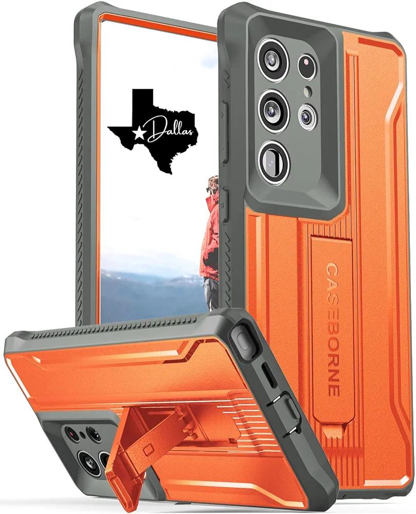 CaseBorne V Compatible with Samsung Galaxy S24 Ultra Case - [Extremely Rugged] [Military Grade 5-Layer Construction] with Built-in Stand - Orange/Gray